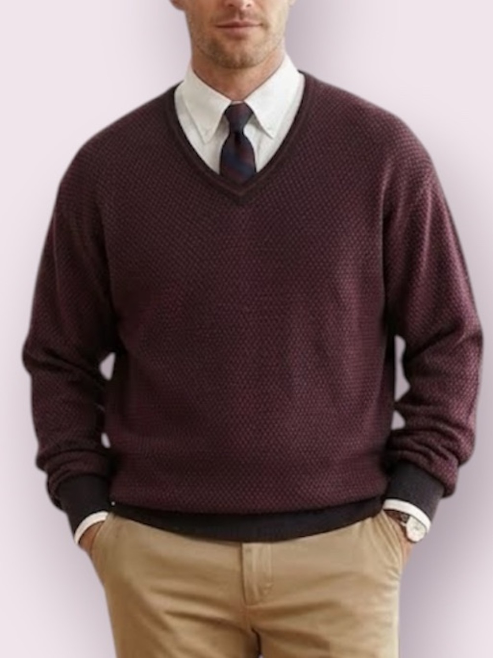 Lyle & Scott Scotland Men’s V-Neck Sweater Combed Cotton Navy Burgundy Large